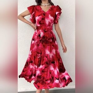 Women's Red & Pink Floral Print Pleated Belted Dress